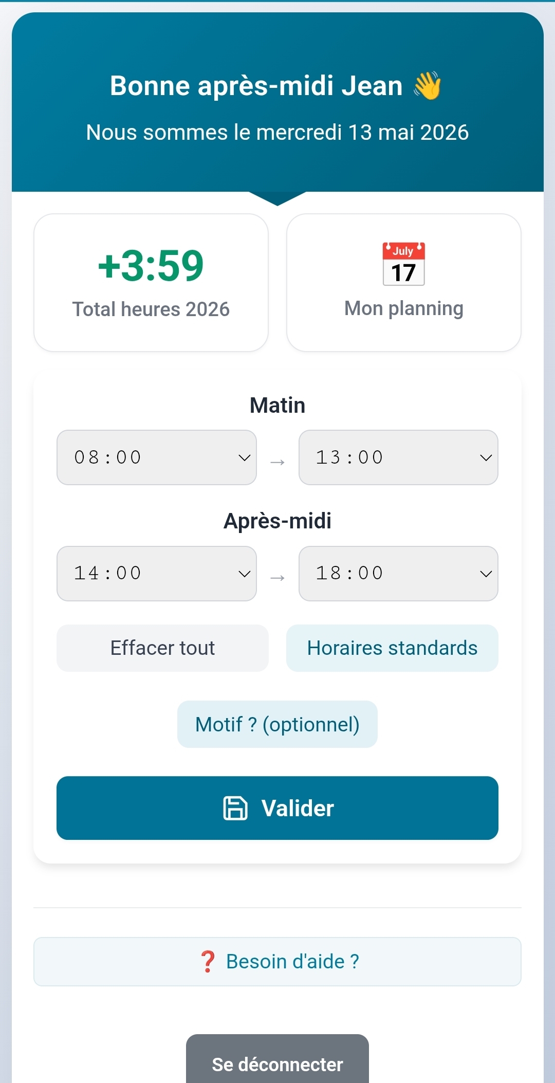 Sélection de l'horaire