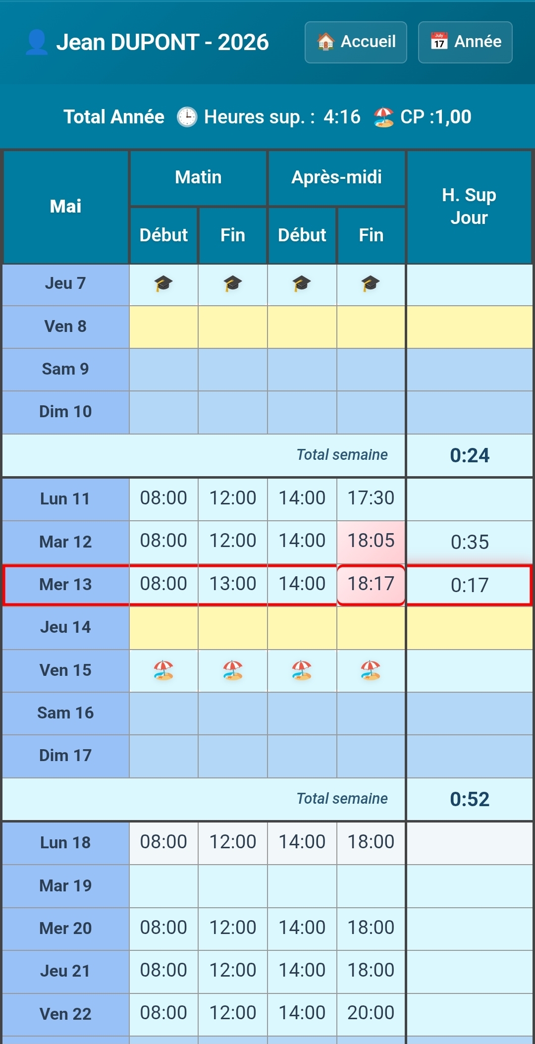 Vue complète du planning